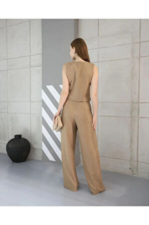 Yeni Sezon Kadın Keten Takım Cepli Yelekli İkili Kombin