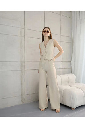 Yeni Sezon Kadın Keten Takım Cepli Yelekli İkili Kombin