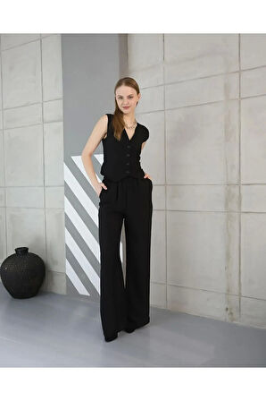 Yeni Sezon Kadın Keten Takım Cepli Yelekli İkili Kombin