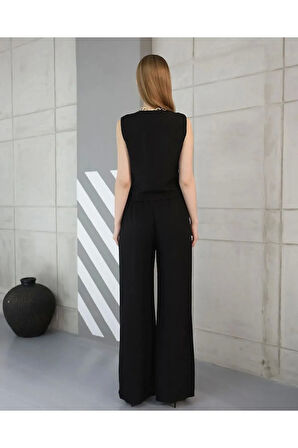 Yeni Sezon Kadın Keten Takım Cepli Yelekli İkili Kombin