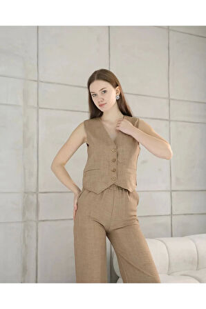 Yeni Sezon İkili Sofya Keten Cepli Yelekli Pantolon Takım