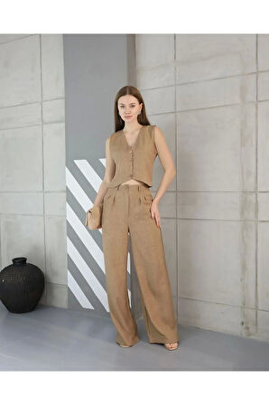 Yeni Sezon İkili Sofya Keten Cepli Yelekli Pantolon Takım