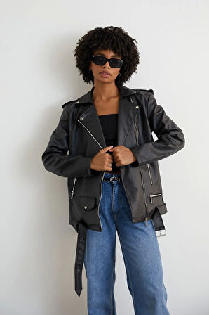 Uzun Deri Ceket Kadın Oversize Kesim Kemerli Model