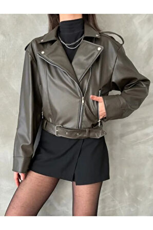 Kemerli Kadın Deri Ceket Yeni Sezon Oversize