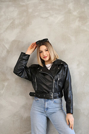 Kemerli Crop Deri Oversize Kadın Yeni Sezon Ceket