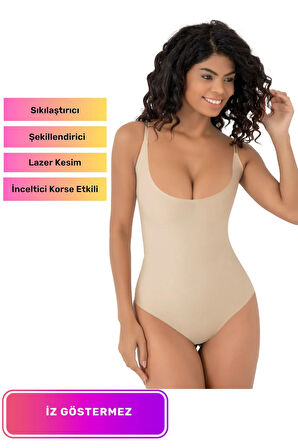 İnceltici Etkili Lazer Kesim Göğüs Detekli Çıtçıtlı Askılı Zıbın Ten Rengi Body Korse İz Göstermez