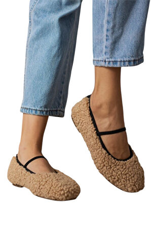 Peluş Lastik Detay Düz TabanKadın Babet VİZON