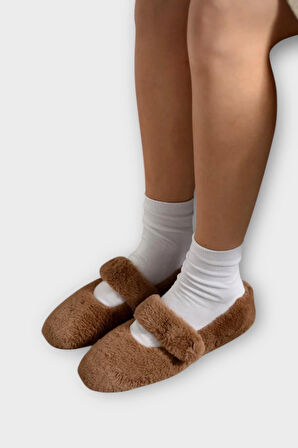 Tüylü Tek Kemer Cırtlı Panduf Kadın Ev Babeti KAHVERENGİ