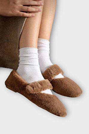 Tüylü Tek Kemer Cırtlı Panduf Kadın Ev Babeti KAHVERENGİ