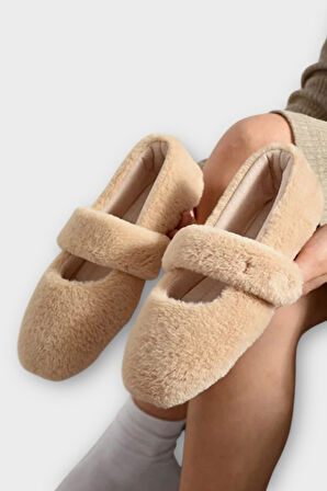 Tüylü Tek Kemer Cırtlı Panduf Kadın Ev Babeti BEJ