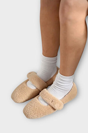 Tüylü Tek Kemer Cırtlı Panduf Kadın Ev Babeti BEJ