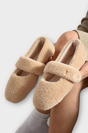 Tüylü Tek Kemer Cırtlı Panduf Kadın Ev Babeti BEJ