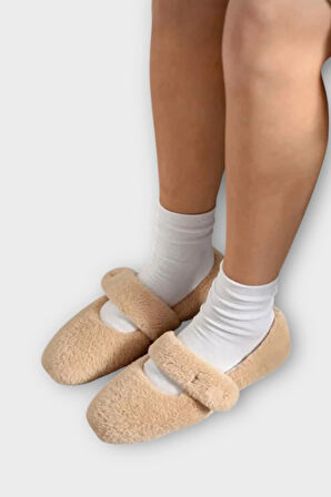 Tüylü Tek Kemer Cırtlı Panduf Kadın Ev Babeti BEJ