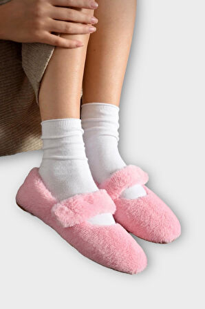 Tüylü Tek Kemer Cırtlı Panduf Kadın Ev Babeti PEMBE