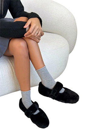 Tüylü Tek Kemer Cırtlı Düz Taban Kadın Babet SİYAH