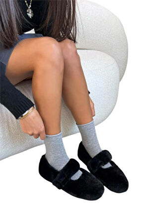 Tüylü Tek Kemer Cırtlı Düz Taban Kadın Babet SİYAH