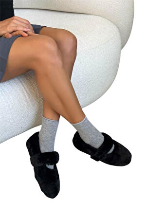 Tüylü Tek Kemer Cırtlı Düz Taban Kadın Babet SİYAH