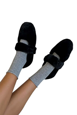 Tüylü Tek Kemer Cırtlı Düz Taban Kadın Babet SİYAH