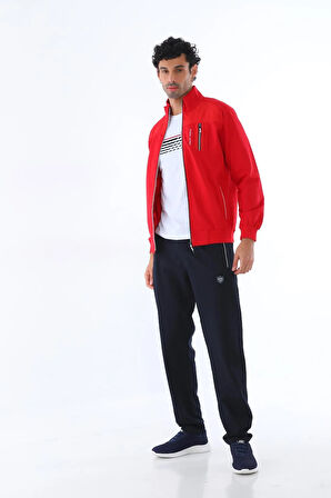 Erkek Kırmızı Iki Iplik Kumaş Dik Yaka Fermuarlı Cepli Uzun Kol Eşofman Takımı - 7402