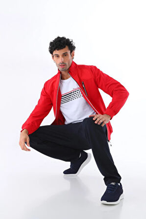 Erkek Kırmızı Iki Iplik Kumaş Dik Yaka Fermuarlı Cepli Uzun Kol Eşofman Takımı - 7402