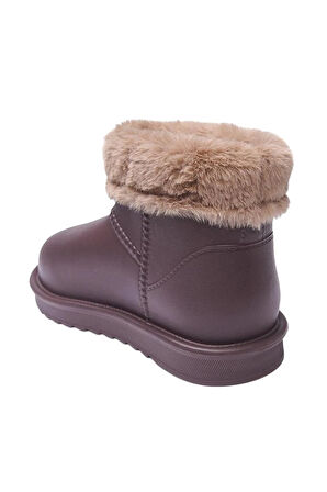 Yuvarlak Burun Kadın Kürklü Kısa Yağmur Botu KAHVERENGİ