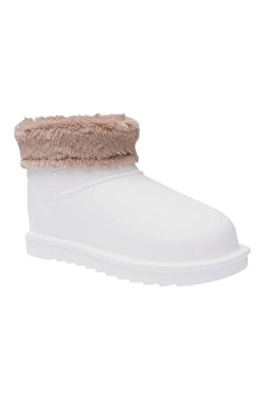 Yuvarlak Burun Kadın Kürklü Kısa Yağmur Botu BEYAZ