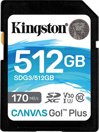 Kingston SDG3-512GB 512GB SDXC Canvas Go Plus 170R C10 UHS-I U3 V30 Hafıza Kartı OUTLET