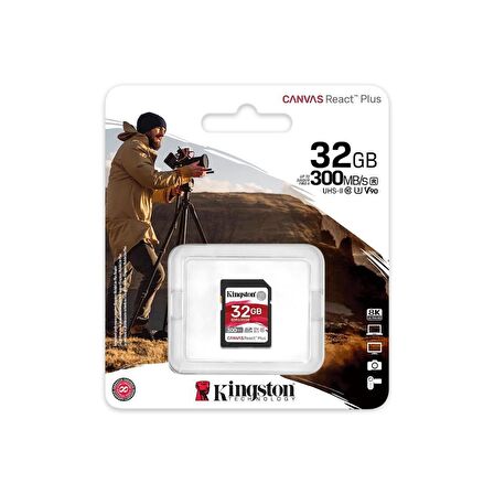 Kingston SDR2-32GB Canvas React Plus SDHC UHS-II 300R-260W U3 V90 for Full HD-4K-8K Hafıza Kartı