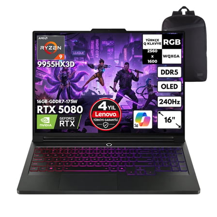 Lenovo Legion Pro7 Ryzen 9-9955HX3D 64-GBDDR5 4 TBSSD RTX5080 (16 GB-GDDR7-175W) 16" WQXGA OLED Windows 11 Pro + HMF Sırt Çantası 83RU0031TRHMF22