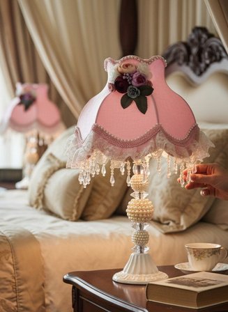 Pembe Kadife Kaplı Çiçek Dekorlu Başlık İncili Beyaz Ayaklı Klasik Prenses Model Abajur 50x25cm