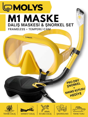 MOLYS M1 PROFESYONEL DALIŞ MASKESİ + MASKE KUTUSU + PRO FULL DRY TAM KURU ŞNORKEL + FREE DOM ANTI FOG BUĞU ÖNLEYİCİ FİLM