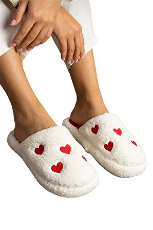 Kadın Pofuduk Nakışlı Ev Terliği Çeyiz Bohça Terliği Valentine's Day BEYAZ - KIRMIZI