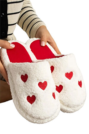 Kadın Pofuduk Nakışlı Ev Terliği Çeyiz Bohça Terliği Valentine's Day BEYAZ - KIRMIZI