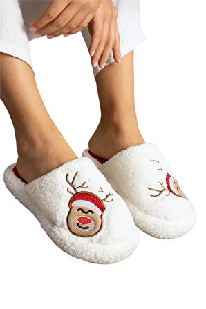 Kadın Pofuduk Nakışlı Ev Terliği Çeyiz Bohça Terliği Valentine's Day BEYAZ - VİZON