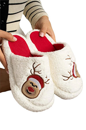 Kadın Pofuduk Nakışlı Ev Terliği Çeyiz Bohça Terliği Valentine's Day BEYAZ - VİZON