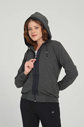 Kadın Antrasit Fermuarlı Sweatshirt Cepli Paçası Lastikli Kapüşonlu Eşofman Takım - 7408
