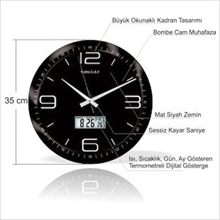 Büyük Siyah Zeminli 35 cm Bombe Camlı Termometreli Isı Ölçerli Gün Ay Dijitalli Sessiz Duvar Saati