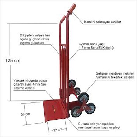 En Sağlam Kaliteli Kırmızı 6 Teker Gelişine Merdiven İnebilen El Yük Taşıma Arabası Çekçek Çeksür