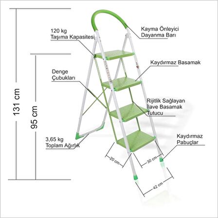 Uzun 150 cm Kaydırmayan Yamulmayan Dengeli 4 Bsamaklı Ev Ofis Mağaza Market Raf Kitaplık Merdiveni