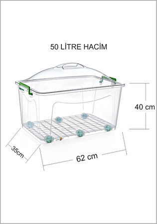 Büyük Dev 6 Tekerlekli 50 Lt. Kapaklı Sızdırmaz Şeffaf Plastik Kiler Fanus Saklama Kabı Kutusu Dolap