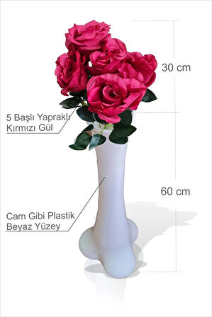En Uzun Büyük Geniş Kırmızı 5 Gül Beyaz 60cm Kırılmaz İnce Bel Dengeli Devrilmez Kırılmaz Konik Vazo