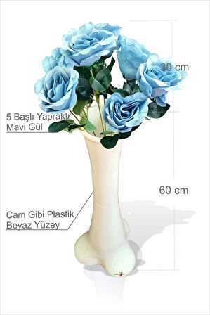En Uzun Büyük Geniş Mavi 5 Gül Beyaz 60 cm Kırılmaz İnce Belli Dengeli Devrilmez Kırılmaz Konik Vazo