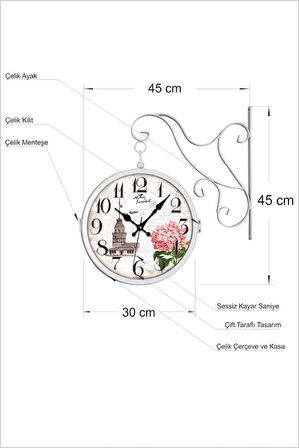 Büyük Beyaz 45 cm Çift İki Taraflı Yönlü Yatay Kapaklı Camlı Çelik Metal Sessiz İstasyon Duvar Saati