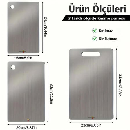 3lü Üçlü 0,3 mm Paslanmaz Çelik Krom Meyve Sebze Hamur Kesme Doğrama Yoğurma Panosu Tahtası Tezgahı