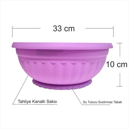 Büyük Geniş Mor Lila 33 cm Çapında Yuvarlak 10 cm Derin Tahliye Delikli Tabaklı Salon Balkon Aranjman Saksısı