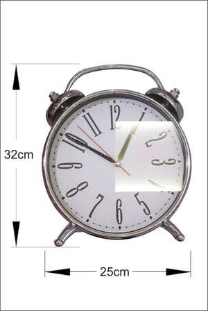 Büyük 32 cm Çalar Saat Görünümlü Ayakta Durabilen Camlı Gümüş Metal Renk Çerçeveli Sessiz Masa Duvar Saati