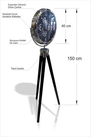 En Büyük Tripod Tripot 3 Ayaklı Saat Dışarıdan Görünen Gerçek Döner Çarklı Krom Çerçeveli Camlı Yer İstasyon Vitrin Köşe Salon Koridor Eşsiz Hediyelik Masa Duvar Yer Saati