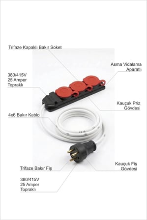 Tamamı Isıya Dayanıklı Bakır ve Kauçuk 1 m. Uzatma Kablolu Trifaze Üçlü 3 lü Sanayi Tipi Profesyonel Fiş Priz Soket Yanmaz Erimez Duvara Monte Edilebilir Kapaklı 380/415V 25A Gücünde Topraklı Priz Fiş