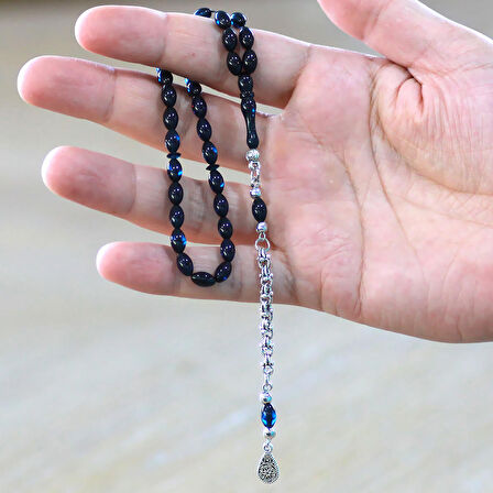 Kararmaz Metal Arnavut Zincir Püsküllü Arpa Kesim Koyu Lacivert Bilek Boy Sıkma Kehribar Tesbih