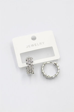 Taşlı Halka Küpe - Gümüş Rengi